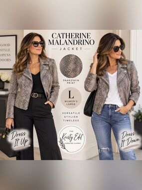 Catherine Malandrino Snakeskin Moto Jacket Gray Taupe Size L stretchy fabric